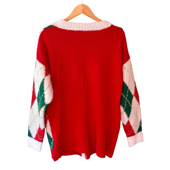 Holiday Time Christmas Gnome Argyle Festive Cardigan Sweater Womens size Large - Picture 14 of 16
